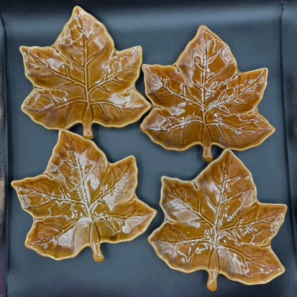 Pottery Barn Harvest Leaf Appetizer Plates Set of 4 Brown Ceramic Autumn Fall